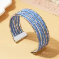 Boho multi-layer kraalmanchetarmband met blauwe rocailles en zilveren gestructureerde metalen banden. - Effen Kleur 7 / Zilver