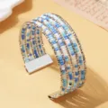 Boho stijl meerlaagse zaadkraal manchet armband, gemengde blauwe en witte kralen metaal sieraden. - Driekleurig 1 / Zilver