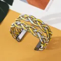 Boheemse stijl kraal open manchet armband met gevlochten metaal en geel witte kralen. - Zwart Geel Wit
