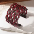Vintage brede manchetarmband met ingewikkeld rood en bruin kralen draadgeweven design. - Gunmetal frame - tweekleurig 4