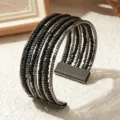 Stijlvolle bohemian meerlaagse kraal manchet armband met zwarte kralen en metaal - Effen Kleur 6 / Gunmetal