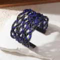 Handgemaakte geweven brede manchetarmband met blauwe en zwarte kralen statement sieraden - Gunmetal frame - tweekleurig 5