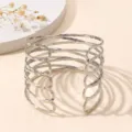 Zilveren brede meerlaagse open metalen manchetarmband punk stijl mode armband voor vrouwen - Meerlaagse Golflijn Stijl / Witgoud