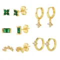 Gouden geometrische oorbellen set met groene en witte zirkonia stenen voor elegante look. - 5-delige set