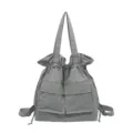 Grey plaid casual canvas drawstring backpack large capacity dual use shoulder bag for travel - Gray
