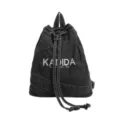 Black denim backpack, washed vintage style school bag with drawstring, casual commuter daily use. - Black