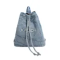 Vintage washed denim backpack for women, casual drawstring school book bag with embroidery. - Light Blue
