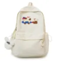 Casual white canvas backpack for women with cute dog embroidery and plush charm main view. - Without Pendant / Off White