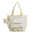 Leuke gele canvas shopper tas met doorzichtig venster en schattige berenhanger. - Zonder Hanger / Geel