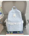 Süßer Pünktchen Studenten Rucksack mit Spitzenborte und Hasen Patch für den Alltag geeignet. - Mit Anhänger / S / Blau