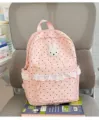 Rosa gepunkteter Schulrucksack mit süßer Spitzenborte und Hasen-Aufnäher für Mädchen - Einzelne Tasche / S / Rosa