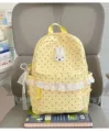 Süßer gelber Pünktchen Rucksack mit Hasen-Aufnäher und weißer Spitzenborte für Mädchen - Mit Anhänger / S / Gelb