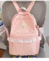 Rosa Pünktchen Rucksack Detail mit süßem Hasen Patch und feiner Spitzenverkleidung. - Mit Anhänger / L / Rosa