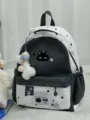 Cute cat print canvas backpack with large capacity for students and daily commute use. - Bow Bone Pendant / Black