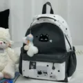 Zwarte en witte canvas rugzak met kattenprint, stijlvolle studentenschooltas met pluche hanger. - Zonder Hanger / Zwart