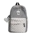Joli sac à dos scolaire à carreaux avec poche à pois, bordure en dentelle et broderie de chiot - Sans Pendentif / Noir Grand
