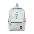 Japanese style white and blue striped casual school backpack with front pocket and blue zippers. - Blue