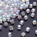Transparent square faceted crystal beads variant showing colorful iridescent cube jewelry design. - AB White