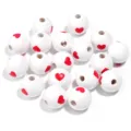 White wooden beads with red heart patterns for DIY jewelry making and craft accessories. - White Heart Print