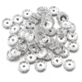 Silver rhinestone rondelle spacer beads for DIY bracelets jewelry making craft supplies wholesale - Silver + White Zirconia / 50 Pcs/Pack, Outer Diameter 4mm