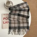 Detailed view of British style plaid wool scarf with classic tassels, warm winter accessory. - Grey & Beige Plaid - Wool
