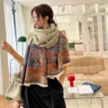 Chinese style cashmere-feel scarf winter oversized shawl retro artistic landscape print warm wrap - Khaki