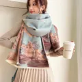 Close-up detail of Chinese style landscape print imitation cashmere scarf with tassels. - Blue