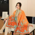 Bufanda chal estampada tacto cachemira para mujer otoño invierno cálida suave. - Sombra de bambú naranja