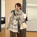 Women winter warm thick cashmere feel shawl scarf vintage equestrian print fashion neckerchief - Whimsical Thoughts - Beige & Green