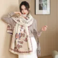 Mujer moda otoño invierno tacto cachemira bufanda estampado floral cómodo chal abrigo - Sombra de bambú café