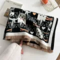 Cozy autumn winter knitted cat pattern scarf with tassels, soft warm fashion shawl for women. - FY Colorful Cat - Black