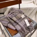 Winter warm plaid mohair scarf with fringe detail, cozy knitted shawl for women and girls. - 208*50cm / Purple
