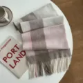 Detailed view of winter plaid scarf with soft pink, brown and beige color blocks and fringe. - Pink and Brown Plaid - Wool