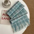 Blue and grey plaid winter scarf with cozy tassels, perfect cold weather fashion accessory. - Lake Blue - Wool