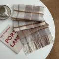 Cozy plaid woolen scarf detail with fringe, warm winter accessory in beige and brown tones. - Grey & Coffee Plaid - Wool