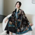Elegante bufala chal de invierno cálido para mujer estilo pintura al óleo bicolor. - Chal de pintura al óleo - Pavo real de estilo chino