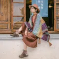 Chaleco capa de punto colorido estilo étnico para mujer, poncho de invierno cálido. - N.º 1 azul agua y amarillo / 105–130 cm