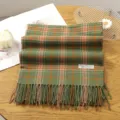 Green orange plaid cashmere feel winter scarf with tassels, warm cozy casual couple neck wrap. - 9