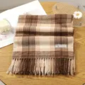 Brown plaid fringe scarf, soft warm winter cashmere feel neckerchief for women and girls. - 23