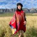 Ethnic style knitted shawl cape for women, warm outdoor travel wear, cozy boho poncho. - Peacock Feather Red