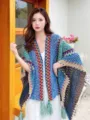 Ethnic style knit shawl winter warm cape poncho for women travel vintage tassel design cloak scarf - Peacock Blue Ethnic Style Shawls / 105–130 cm