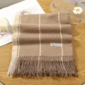 Brown plaid cashmere-feel tassel scarf for women, cozy winter warm fashion wrap accessory. - 2