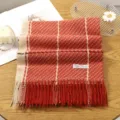 Classic red and beige plaid tassel scarf for women, soft winter warm cashmere-feel wrap. - 6