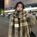 Winter warm plaid tassel scarf for women, thick cozy winter neck warmer detail view. - YF Plaid - Khaki