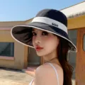 Sombrero de sol de ala ancha para mujer verano exterior proteccion UV negro y blanco elegante - M (56-58cm) / Negro