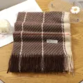 Brown plaid tassel scarf for women, soft cozy winter cashmere feel winter neck warmer shawl. - 1