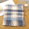 Korean style blue and beige plaid tassel cashmere feel winter warm cozy scarf for women - 18