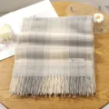 Grey beige plaid fringe imitation cashmere scarf, soft warm autumn winter neckerchief. - 24