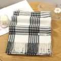 Black and white plaid tassel scarf, cozy cashmere-feel winter shawl for women and men. - 7