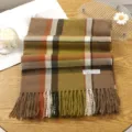 Women winter warm plaid cashmere scarf with fringe, stylish retro brown check shawl for daily wear. - Style 15
